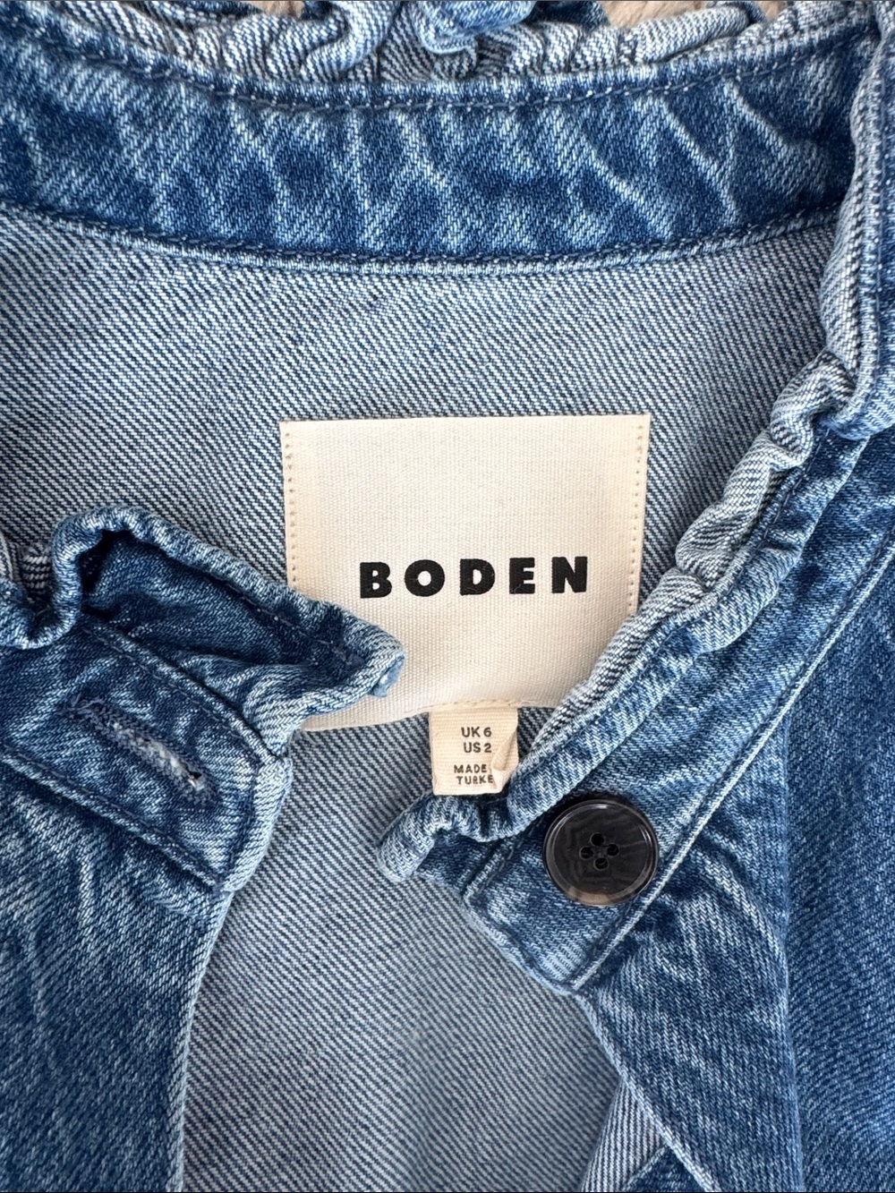 NWOT Boden Ruffled Collar Denim Jacket in Medium Blue - Picture 2 of 2